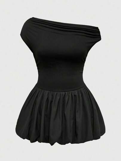 Kawaii فستان كاجوال ذو لون كتلي، متطاير الياقة وحاشية مطوية، حجم كبير، تصميم بسيط وأنيق