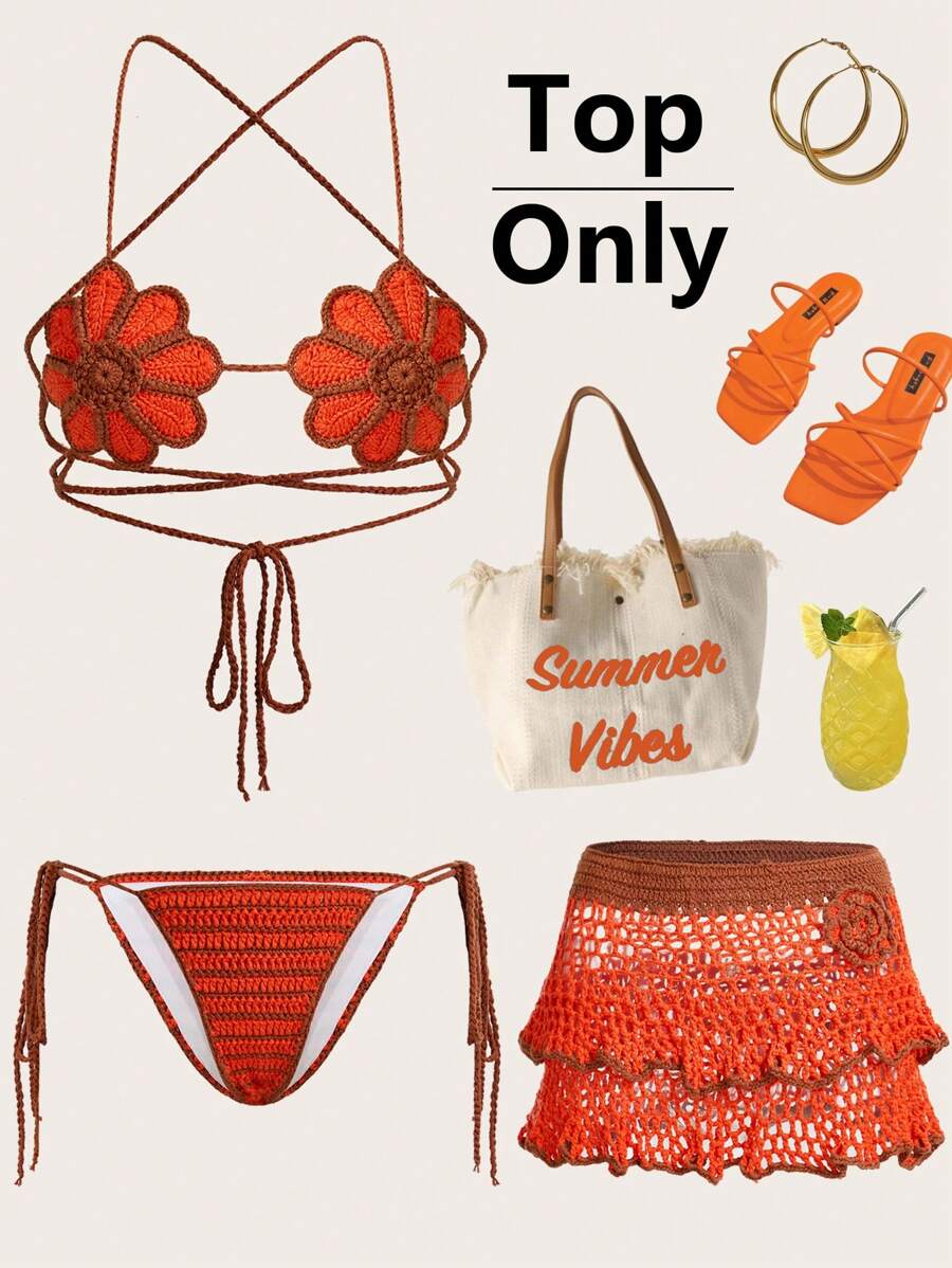 SHEIN ICON 1 件时尚夏季服装海滩度假服装 Y2k 纯色性感海滩拼接简约针织分体比基尼上衣，休闲海滩度假泳装