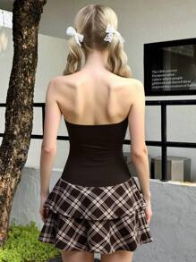 SHEIN Teen Girl Brown Contrast Plaid Casual Sports Cake Skirt Dress