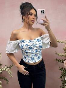 Chiquease French Romantic Off Shoulder Ditsy Floral Countryside Top/Blouse, Sexy & Unique For Spring/Summer - Blue - View 1