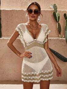 Swim Vcay 夏季女士撞色镂空深 V 罩衫连衣裙