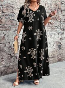 Breezaya Plus Size Embroidered Dress, Casual Holiday Style - Black - View 1