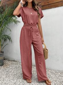SHEIN Frenchy Setelan Musim Panas Kasual Warna Pink, terdiri dari atasan crop lengan kelelawar dan celana pinggang tali serut berbahan tekstur. - Dusty Pink - View 4