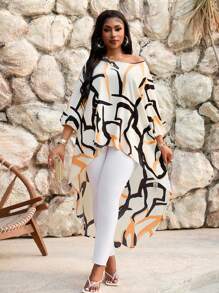 SHEIN Lady Spring And Summer Elegant Commuting Office Casual Boho Colorful Woven Round Neck High Low Quarter Sleeves Plus Size T-Shirts Plus Size Blouses - Multicolor - View 4