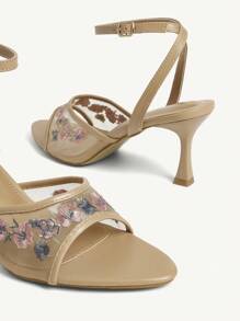 CUCCOO CHICEST Sandalias de mujer con bordado floral en color albaricoque, elegantes, de malla transpirable y con tacón alto de dedo abierto para fiesta - Albaricoque - Ver 7