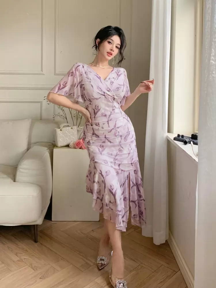 Valentine's Day Solid Color V-Neck Ruffle Sleeve Asymmetric Hem Mid-Long Dress For Women Floral SunDress