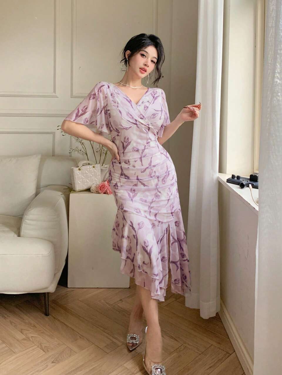 Valentine's Day Solid Color V-Neck Ruffle Sleeve Asymmetric Hem Mid-Long Dress For Women Floral SunDress