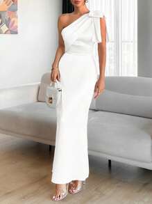 EURMUSE 香槟色系带缎面连衣裙 - 白色 - 查看 5