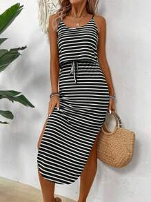 Breezaya Women's Summer Casual Spaghetti Strap Dress With Tie Waist, Side Split Hem Maxi Women Outfit