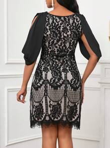 SHEIN Lady Váy dự tiệc cưới ren hoa tay xẻ tà cho nữ Váy cổ tròn kỷ niệm ngày cưới Trang phục mùa hè thanh lịch, kín đáo cho nữ Trang phục hòa nhạc Váy kín đáo cho nữ Trang phục nghỉ mát thanh lịch Váy đi nhà thờ thường ngày cho nữ - màu đen - Xem 2