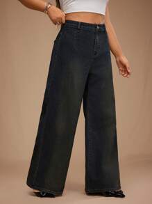 SHEIN Forever 21 Plus Size Women's Extra Long Black Denim Jeans: Wide Leg, Zipper Detail, And Flattering Fit - Black - View 4