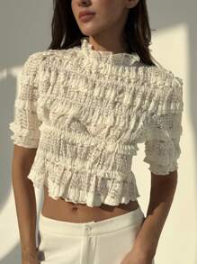 Aloruh 全新时尚蕾丝边褶皱修身女式上衣 - 米色 - 查看 4