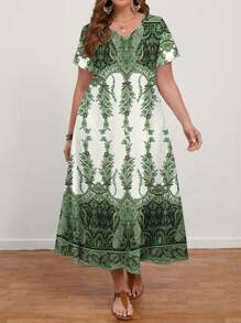 EMERY ROSE 大码女式休闲 V 领短袖连衣裙，适合夏季 - 彩色 - 查看 1