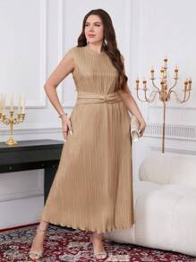 SHEIN Clasi Plus Size Women's Solid Color Round Neck Cap Sleeve Twist Front Pleated Midi Dress - Khaki - View 5