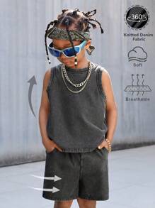 SHEIN 2 件套年轻男孩夏季街头酷炫石洗无袖宽松黑色牛仔背心和牛仔短裤套装，儿童春夏装街头装春假装