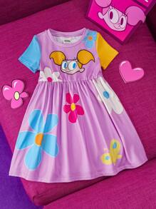 Dexter's Laboratory X SHEIN Váy in họa tiết hoa và hoạt hình dễ thương phong cách thường ngày cho bé gái màu tím, phù hợp cho mùa xuân và mùa hè - Màu tím hoa cà - Xem 1