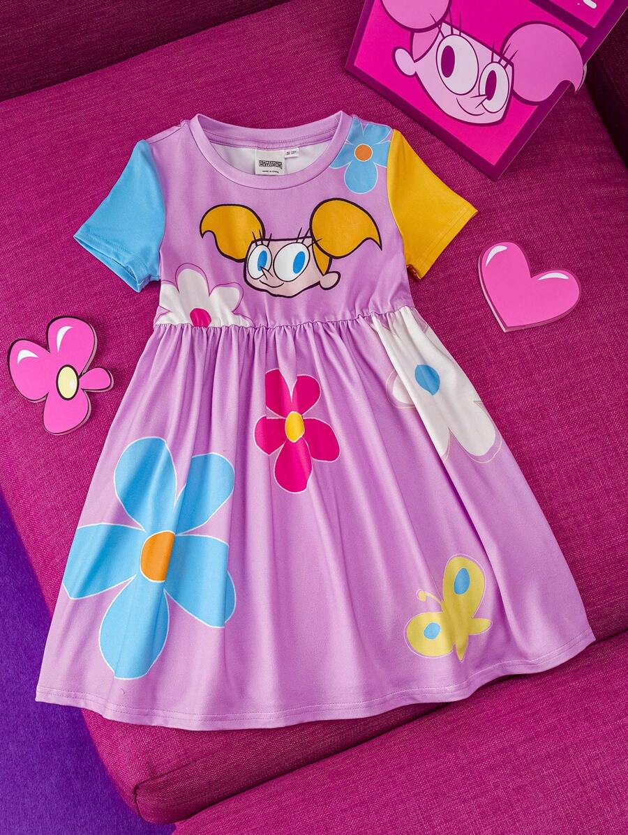 Dexter's Laboratory X SHEIN Váy in họa tiết hoa và hoạt hình dễ thương phong cách thường ngày cho bé gái màu tím, phù hợp cho mùa xuân và mùa hè - Màu tím hoa cà - Xem 1