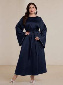 Graceveil Váy phong cách Ả Rập đính hạt ngọc trai tay loe cỡ lớn cho nữ - Màu xanh hải quân - Xem 7