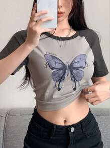 DAZY Butterfly Print Raglan Sleeve Crop Tee Y2k,Graphic Tees - Grey - View 3