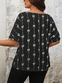 SHEIN LUNE 大码女式蝴蝶结印花圆领短袖休闲衬衫