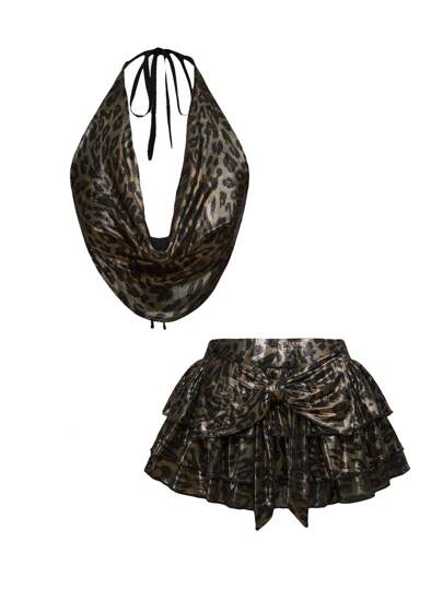 Kawaii Modisches und sexy Leoparden-Muster trägerloses Top und Rock 2-teiliges Set