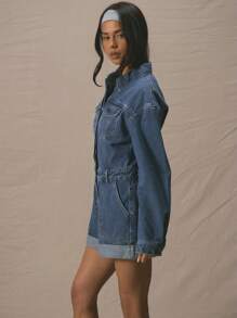 MUSERA 长袖腰带环修身牛仔连体裤 春夏可爱度假风 90年代Y2K时尚 - 藍色 - 查看 3