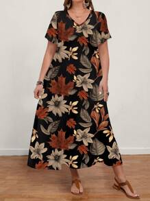 EMERY ROSE Robe longue décontractée à col V et manches courtes, pour femmes grande taille. Convient pour l'été - Multicolore - Voir 6