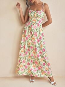 Miriam Omar Multicolor Spring And Summer Floral Print Cami Tie-Up Strap Ruched Bodice Maxi Dress Vacation Sundress For Women, Rave, Prom Dress, Brunch Outfits, Tea Party Dress - Multicolor - View 3