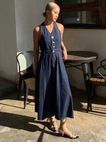 DAZY Gaun Denim Wanita Model Kerah V yang Dicuci - Dark Wash - View 3