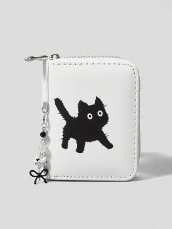 Goth White & Black Cat With Bowknot Pendant Short Wallet, Cute Multifunctional Card Slots Purse