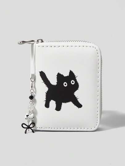 Goth White & Black Cat With Bowknot Pendant Short Wallet, Cute Multifunctional Card Slots Purse