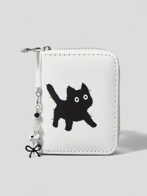 ROMWE Goth White & Black Cat With Bowknot Pendant Short Wallet, Cute Multifunctional Card Slots Purse