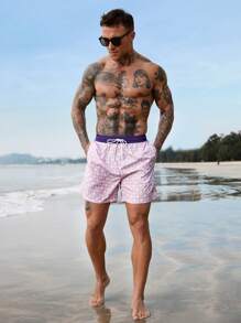 Surfspeed Men's Solid Color Patchwork Front Tie Simple Beach Shorts, Casual For Holiday - Purple - View 3