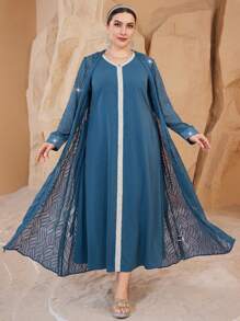 Al Najma Embroidery Fashion Elegant Plus Size Women's Arabic Suit - Apricot - View 3