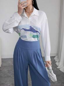 Seusyu Women's Geometric Print Drop Shoulder Long Sleeve Single Breasted Shirt - Multicolor - View 7