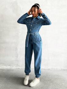 RueChic Rigid Long Sleeve, Elastic Hem Denim Overall - Medium Wash - View 4