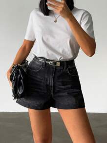 RueChic Summer Casual Washed Fringed Hem Denim Shorts - Black - View 5