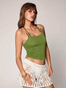 TRNVIE Camiseta de tirantes elegante con cuentas de color verde, estilo de vacaciones para primavera/verano