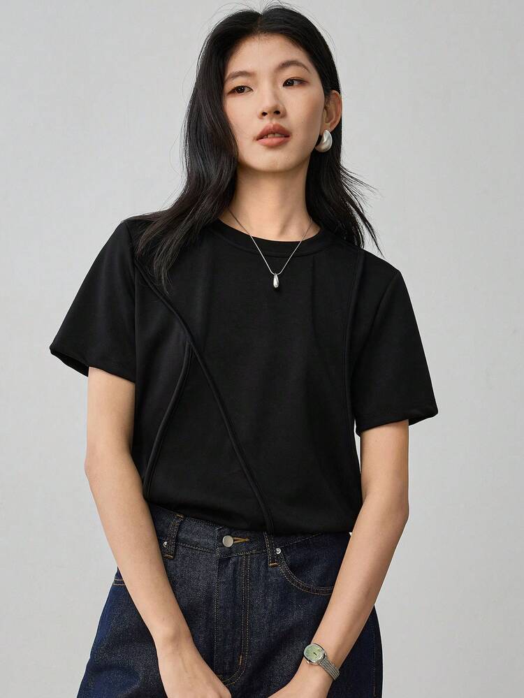 Business Casual Minimalist Asymmetric Design Patchwork Women Short Sleeve T-Shirt Preppy Tops