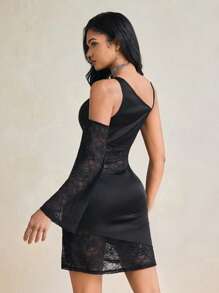 Ella Moore Minivestido asimétrico de manga larga con cuello de encaje y satén negro, vestido sexy para rave, estilo y2k, vestido de hombros descubiertos para vacaciones, vestido de verano, vestido informal, vestido de fiesta