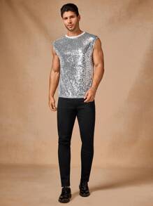 Manfinity VCAY Camiseta sin mangas holgada de punto con lentejuelas para hombre, uso diario de moda