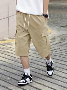 Claim Dot Men's Solid Color Drawstring Waist Wide Leg Loose Casual Shorts, Men's Multi-Pocket Work Shorts, Men's Casual Shorts. Suitable For Daily Wear, Going Out, School, Party, Home, Travel, Music Festival. Also Suitable For Giving To Family And Friends - Khaki - View 8