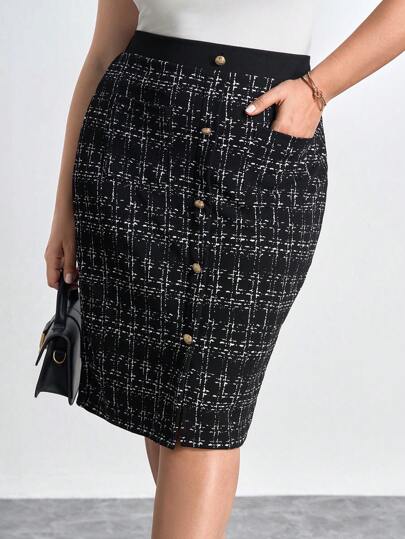 Chikora Plus Size Vintage Print Button Decor Bodycon Skirt, Autumn,Office Outfits For Women