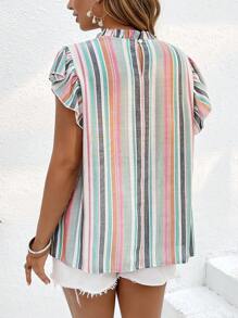 SHEIN Clasi Plus Size Women's Colorful Striped Mock Neck Cap Sleeve Blouse - Multicolor - View 2