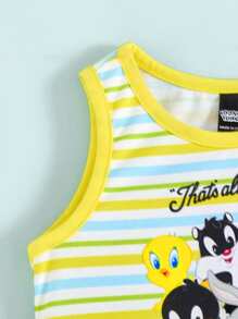 LOONEY TUNES X SHEIN Baby Boy Colorful Striped Cartoon Animal Print Contrast Color Sleeveless Tank & Shorts Set, Summer