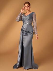 Serin 优雅华丽奢华透明长袖串珠亮片拼接弹力缎纹针织褶皱杯侧垂美人鱼下摆适合婚礼活动派对节日舞会母亲节 - 深灰色 - 查看 7