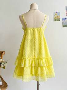 Soleia Western Wear Women,Easter Dress Women,Wedding Guest Dress Women,Vacation Dress,Concert Outfit Women,Boho,Rave Outfit Festival,Vacation Women's Yellow Romantic Floral Perforated Texture Cup Shirred Cinched Waist Front Bow Decor Layered Ruffle Hem Mini Dress,Summer Dress For Women,Birthday Dress For Women - Yellow - View 2