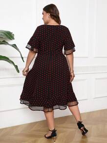 SHEIN Clasi Plus Size Women Polka Dot Print Contrast Mesh Ruffle Sleeve Elegant A-Line Dress - Black - View 2