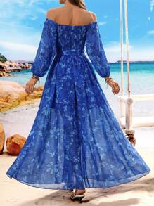 Breezaya Off-Shoulder Floral Print High Slit Maxi Beach Dress, Summer - Baby Blue - View 2