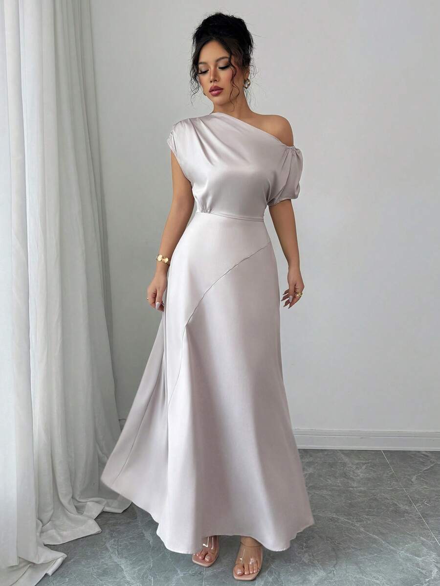 Elenzga Women's Apricot Satin Asymmetrical Shoulder Ruched Waist Shiny Flowing Dress - Apricot - View 1